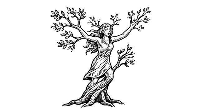 Greek Mythology Illustration of Nymph Daphne Transforming into a Laurel Tree in Woodcut Style Art