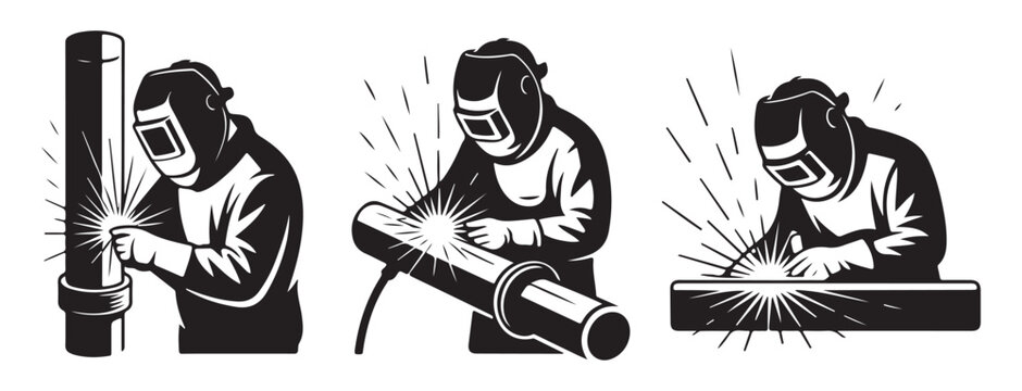 Black and white welder silhouettes working with piping and metal sheets featuring realistic sparks for industrial branding.
