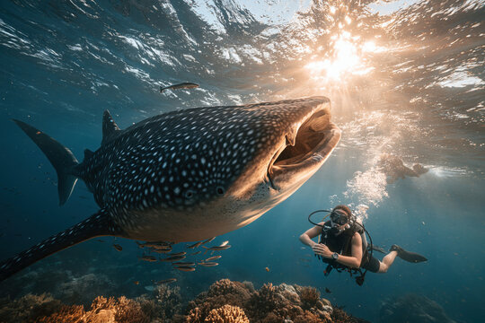 Diving with a whale shark in clear water under bright sunlight near coral reefs