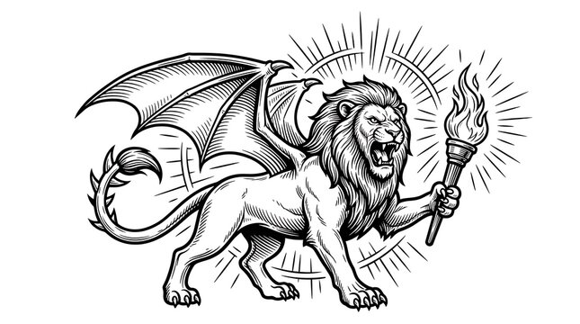 Mythical Winged Lion Holding a Flaming Torch Heraldic Illustration in Black and White Woodcut Style