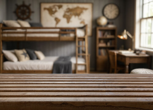 Blurred rustic bedroom centers on wooden bunk bed beneath world map art and ship wheel decor. Cozy study space near window feels adventurous and serene, with warm light and vintage charm.