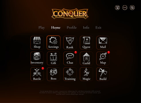 Fantasy RPG game home screen interface featuring shop, settings, rank, quest, inventory, guild, battle, boss, training, magic, and build navigation icons.