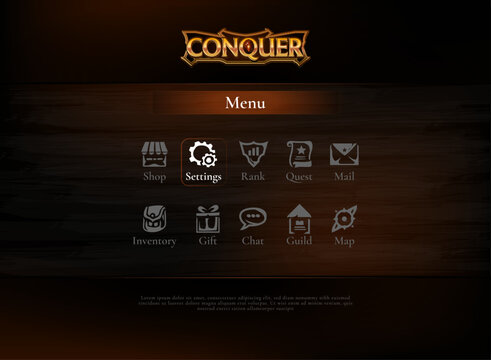 Fantasy RPG game menu interface featuring shop, settings, rank, quest, mail, inventory, gift, chat, guild, and map icons on a dark medieval wooden background.