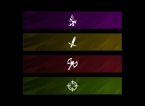 Fantasy RPG game UI banner set featuring magic, sword, axe, and targeting symbols on dark purple, gold, red, and green backgrounds.