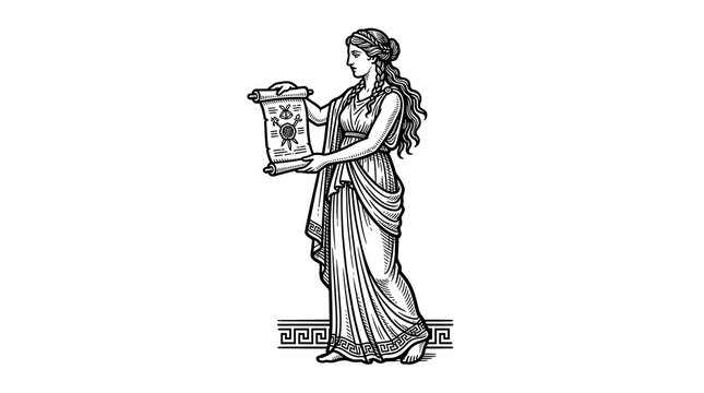 Classical Greek Goddess or Muse in Traditional Chiton Holding Ancient Parchment Scroll Illustration