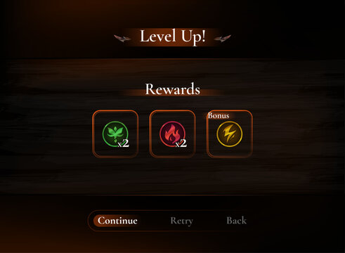 Fantasy RPG level up reward screen featuring elemental bonus icons, experience progression, reward cards, and dark medieval game interface design.