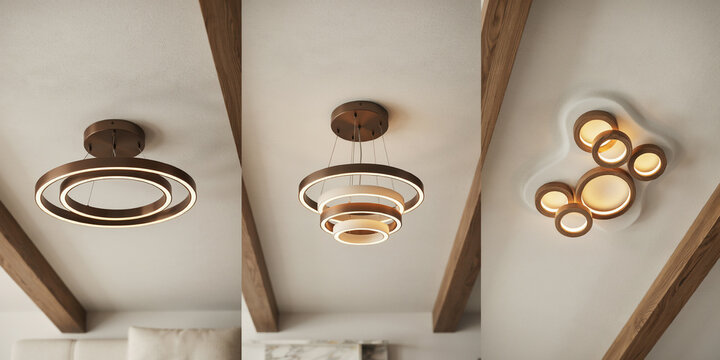 Three different ceiling light fixtures featuring circular rings and warm led illumination