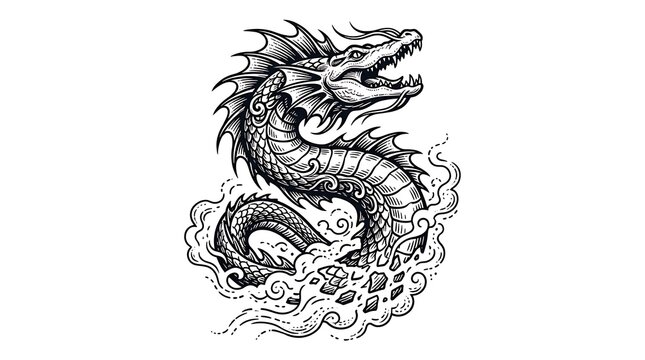 Detailed Black and White Mythical Sea Serpent Dragon Illustration in Ornate Engraving Woodcut Style