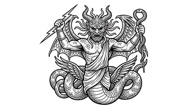 Mythological Demon Hybrid Creature Holding Lightning Bolt and Serpent Staff Vintage Engraving Style