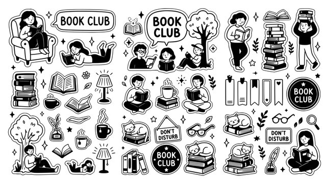 Collection of book club themed doodles and illustrations on a white background