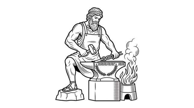 Hephaestus Greek God of Fire and Forge Working at Anvil with Hammer and Tongs Black and White Illustration