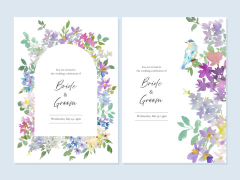 Watercolor Elegant Floral Wedding Invitation Card Set with Abstract Hand-Painted Blue and Purple Wildflowers and Blue Bird