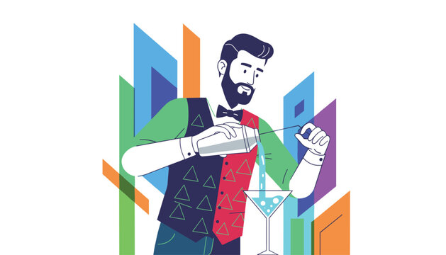 Professional male bartender with a beard carefully pours a blue cocktail from a shaker into a martini glass.