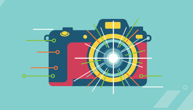 Creative flat illustration of a digital photo camera with vibrant multicolored flashes and glowing light rays from the lens.