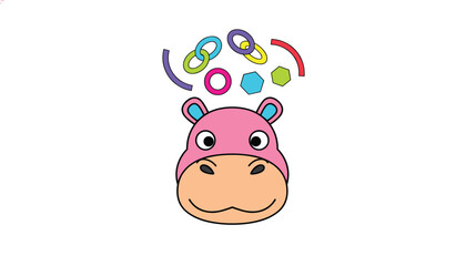 Obraz premium Cute pink hippopotamus cartoon head looking up at colorful floating rings and geometric shapes on a white background.