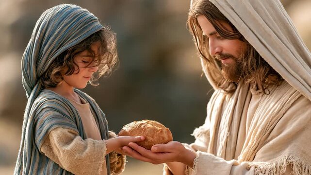 Child Offers Bread and Fish to Jesus Before Miracle of 5000