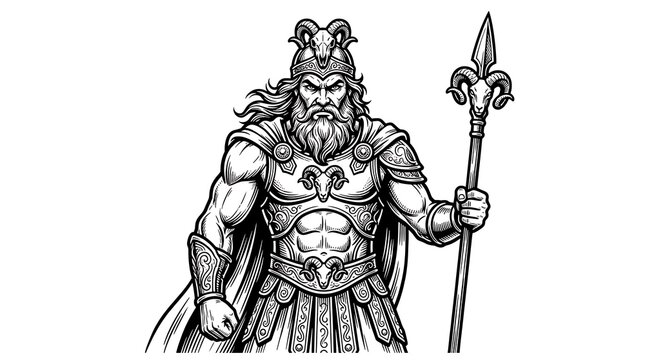 Powerful Ancient Greek God of War Ares Holding Spear wearing Ram Armor Engraving Style Illustration