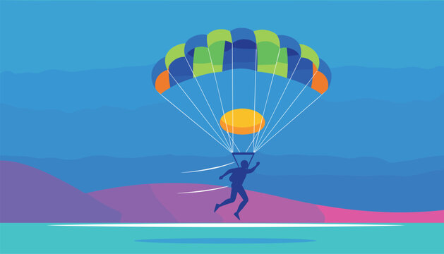 Silhouette of a skydiver with a colorful striped parachute gliding over a scenic abstract mountain landscape.