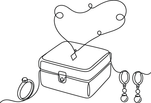 Jewelry box vector illustration with continuous line art necklace ring and earrings
