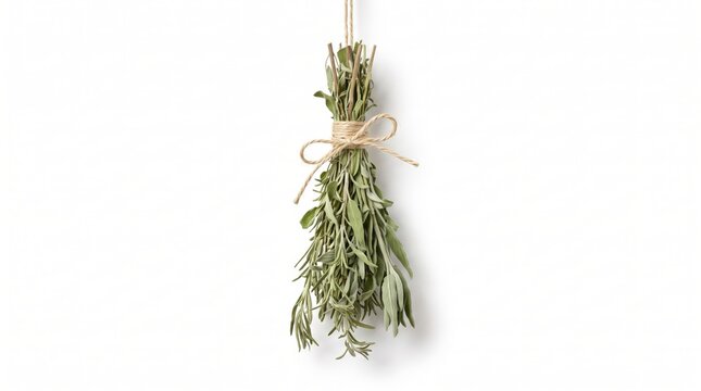 Fresh green sage herb bundle tied with string hanging for drying