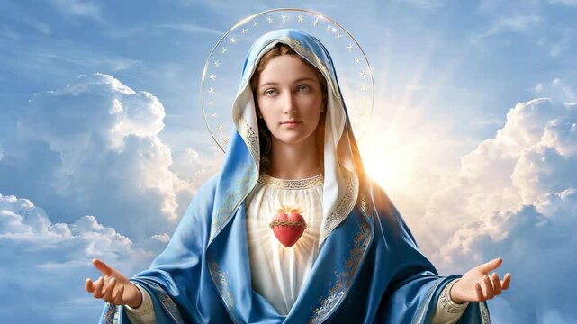 Virgin Mary Praying Over the World From Heaven With Heart