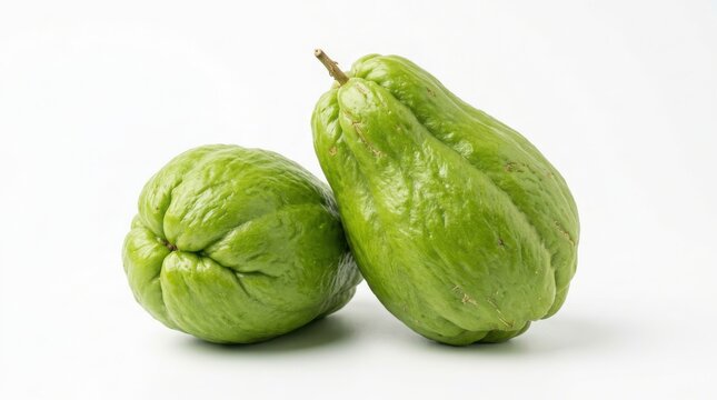 Two fresh green chayote squashes on a white background with green squash mexican squash raw vegetables organic produce vegan food pear squash cooking ingredient plant based squashes mirliton