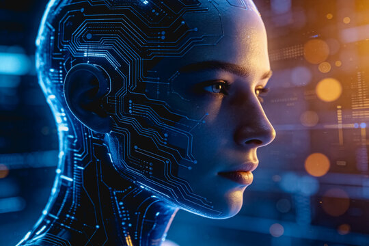 A close-up profile view of a female humanoid robot head, featuring intricate circuit patterns on its surface, representing advanced artificial intelligence and futuristic technology.