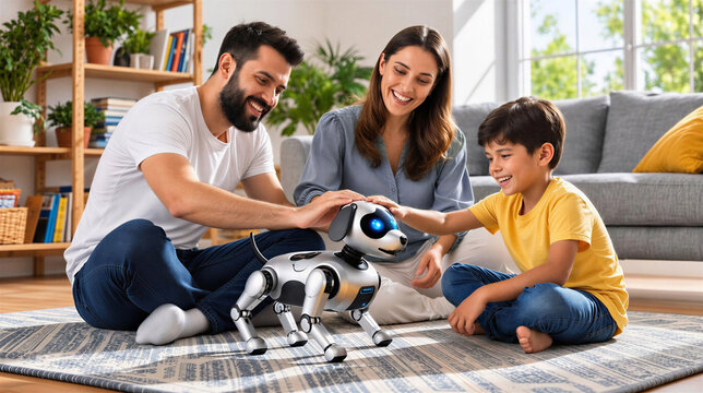 A happy, adorable family at home having fun playing with their smart pet robot dog. Futuristic technology concept.
