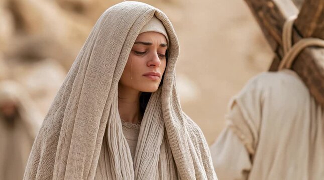 Weeping Mary Follows Jesus Carrying Cross to Golgotha