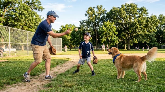 family playing catch with dog in park