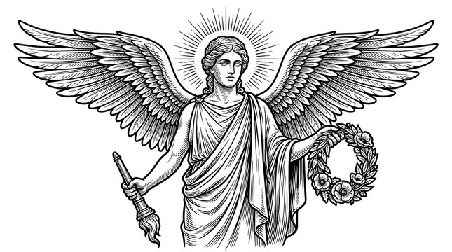 Winged angel or deity holding a flaming torch and a flower wreath in vintage woodcut engraving style