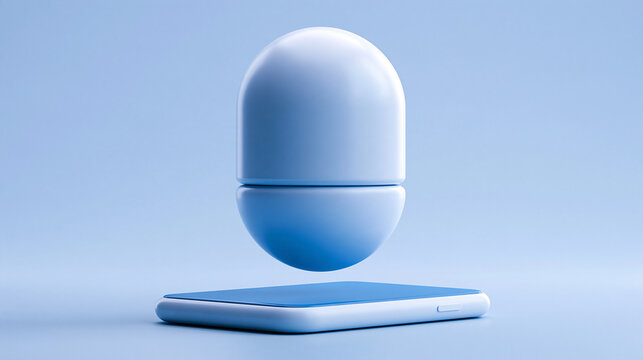 friendly virtual AI agent avatar floating above a smartphone, clean blue gradient background, polished 3D render, copy space