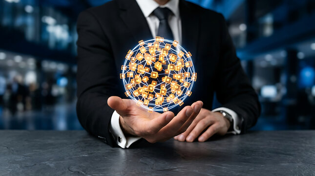 Businessman Hand Cupping Glowing Holographic Blockchain Sphere Network of Golden Digital Blocks