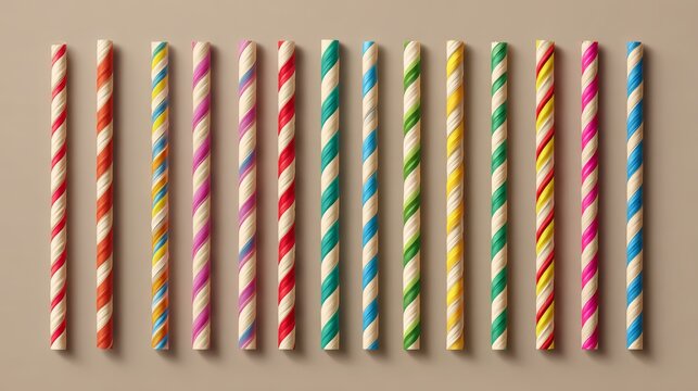 Collection of rainbow-colored straws with bold stripes, flexible bends, and simple straight forms illustrated in vector style on neutral backdrop