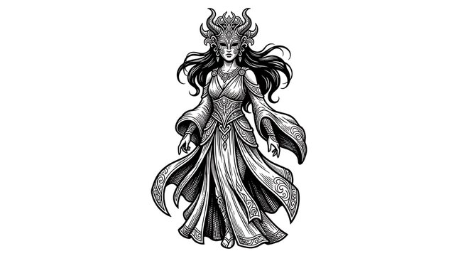 Detailed black and white engraving of a mystical fantasy priestess with horned crown and ornate mask
