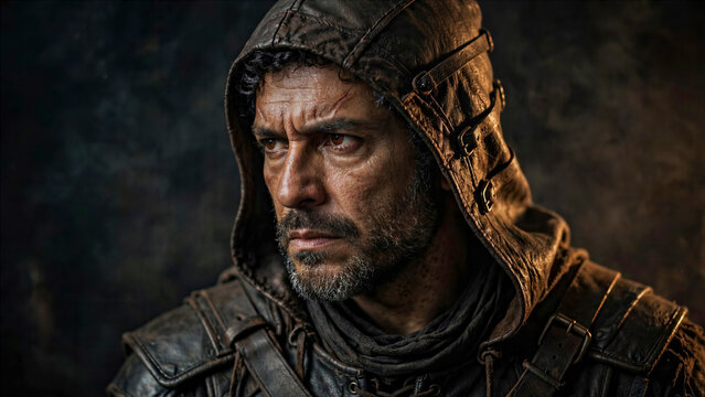 Cinematic Dark Portrait of Hispanic Man Over 40 Dressed as Fantasy Rogue Thief in Leather Hood