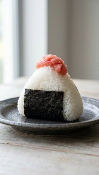 Japanese onigiri rice ball with mentaiko topping on ceramic plate in soft natural light