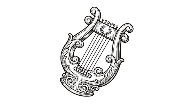 Vintage Ornate Lyre Musical Instrument Illustration in Ancient Greek Engraving Style on White Background