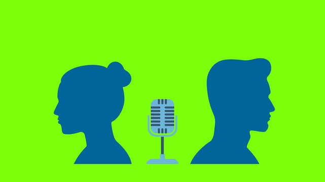 Podcast interview. Man and a woman in headphones with microphone. Dialog. Two people discussing on microphones, conversation, discussion, communication. 2d flat animation. Alpha channel. Video