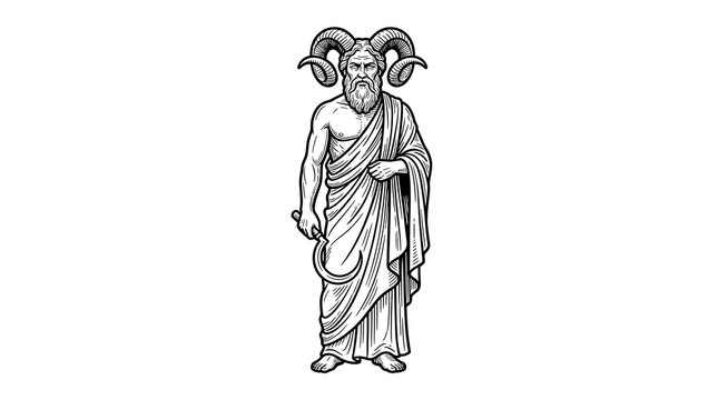 Greek God Cronus or Roman God Saturn Holding Sickle with Ram Horns Vintage Woodcut Illustration