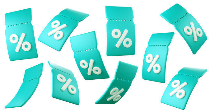 Set of Flying turquoise sale tags with white percent symbols, isolated on background. Promo Coupons for discounts, banners, and ecommerce campaigns.
