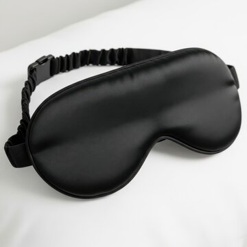 Black silk sleep mask with adjustable strap isolated on white background