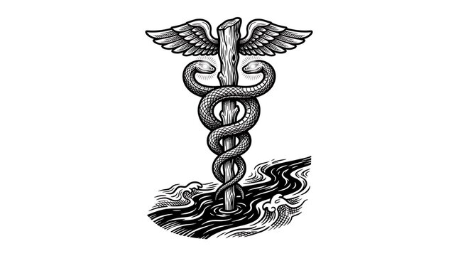 Vintage Hand Drawn Caduceus Medical Symbol with Two Snakes and Wings Emerging from Ocean Waves