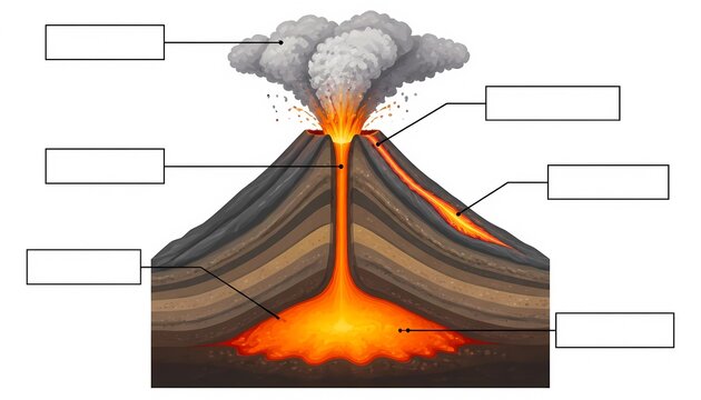 2D vector cross section diagram of erupting volcano structure with blank callout boxes, educational geology worksheet template