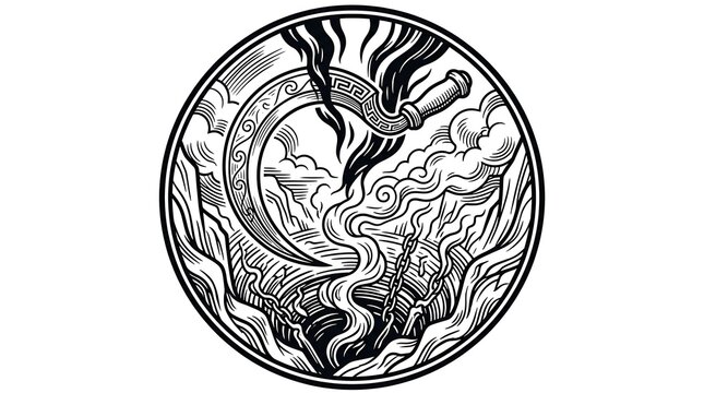 Mythological Sickle Blade with Smoke Rising from Abyss and Ritual Chains in Woodcut Engraving Style