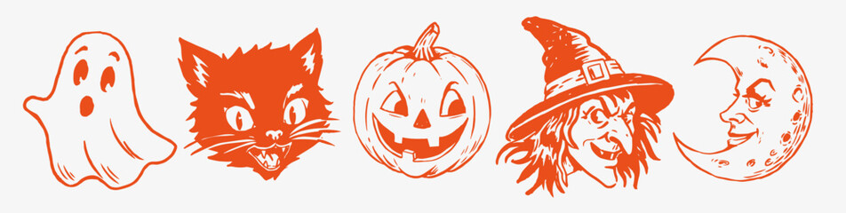 Halloween character collection featuring a ghost, black cat, jack o lantern, witch and crescent moon in a bold orange line art style. © Andrey