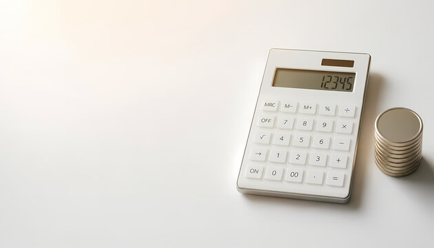 Minimalist calculator and metallic coin stack on clean white table for corporate cost optimization and budget planning
