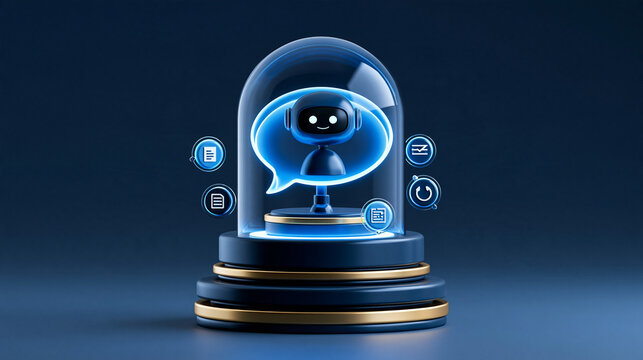 virtual AI assistant concept, glowing speech bubble and task icons surrounding elegant digital avatar, dark blue 3D render