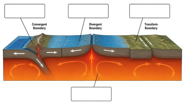 2D vector diagram of tectonic plate movement boundaries with blank callout boxes, educational geology worksheet template