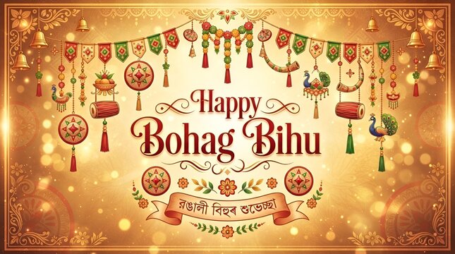 A vibrant happy bohag bihu greeting with decorative elements and a golden backdrop